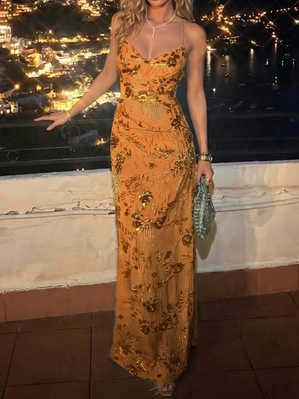 Orange Elegant Women's Backless Knot Strap Top & Sequin Glitter Party Skirt